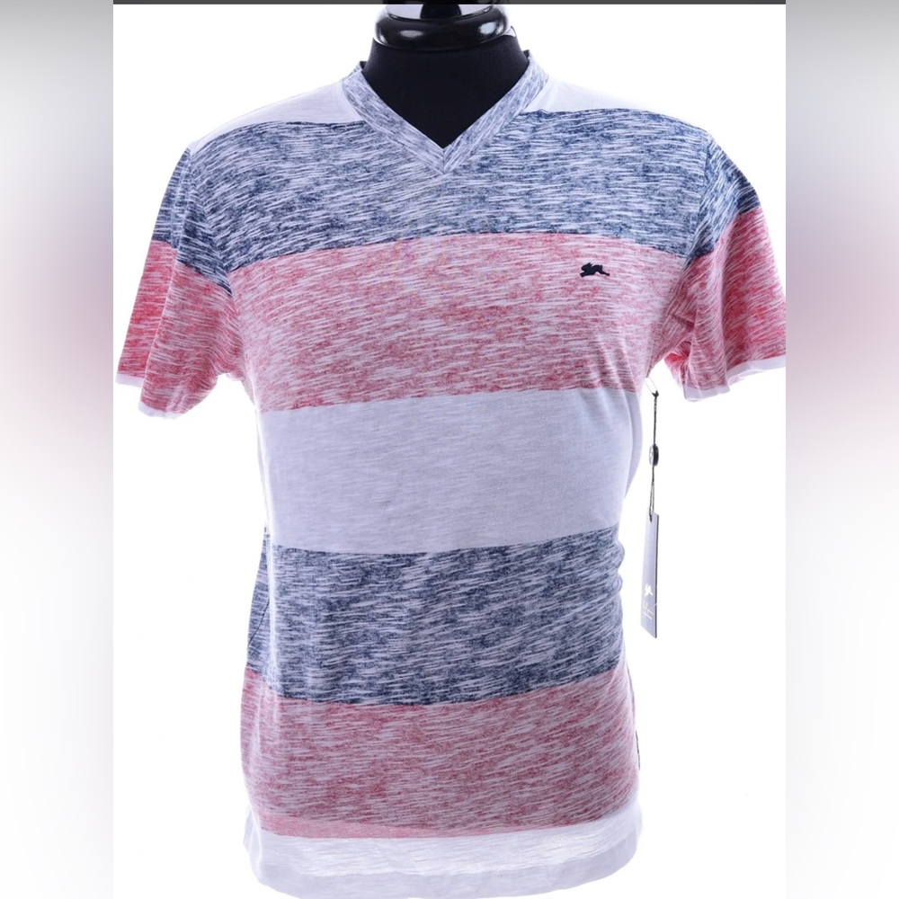MEN’S RED-WHITE-BLUE-STRIPED V-NECK SHIRT